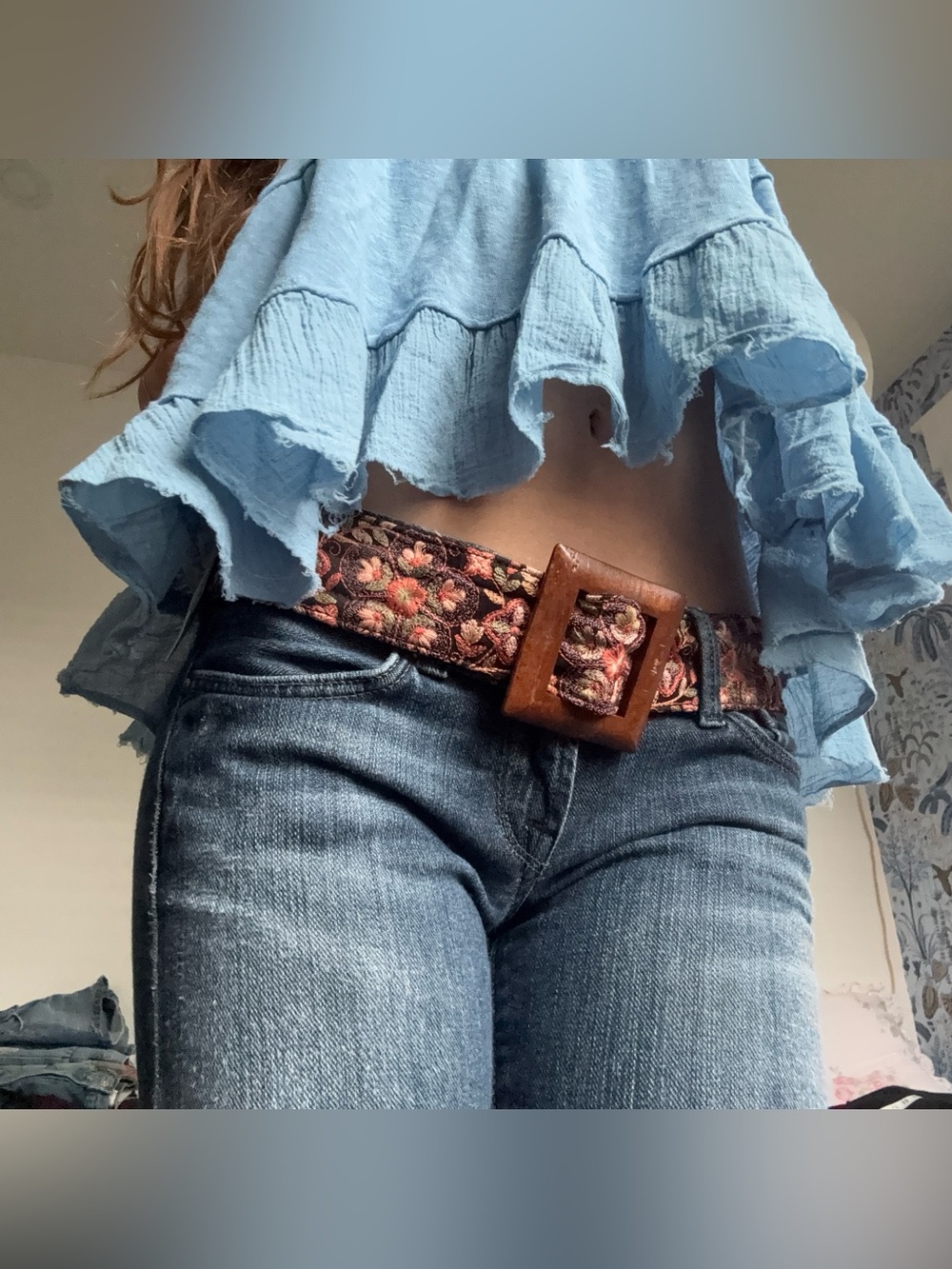 Vintage Floral Tapestry Embroidered Belt Wooden Oversized Buckle Unique Boho OS